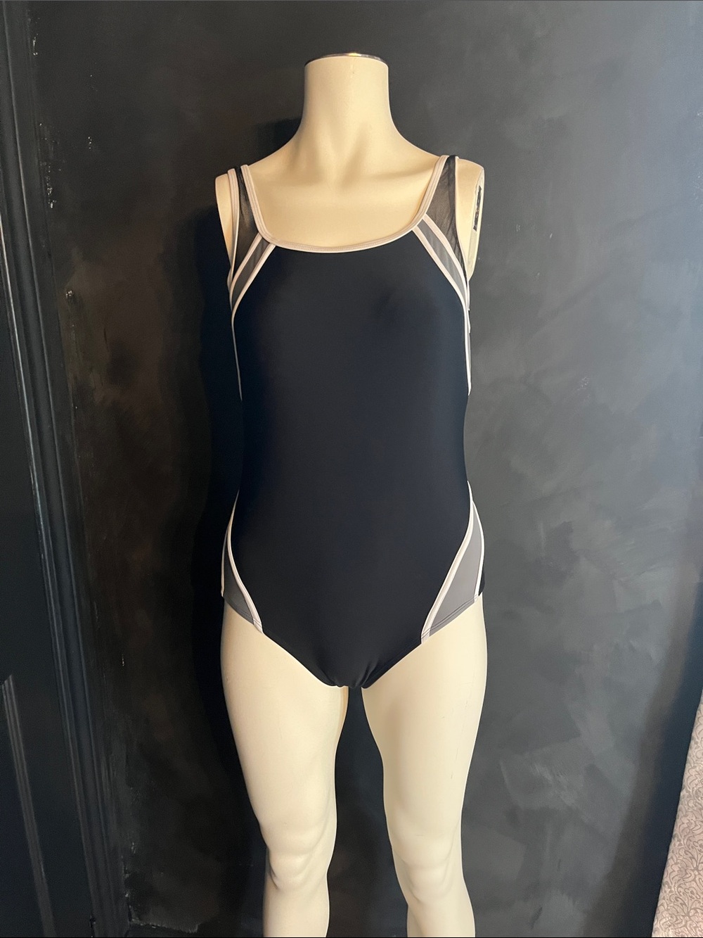 Black One-Piece Swim Suit with Light Gray Side Panels